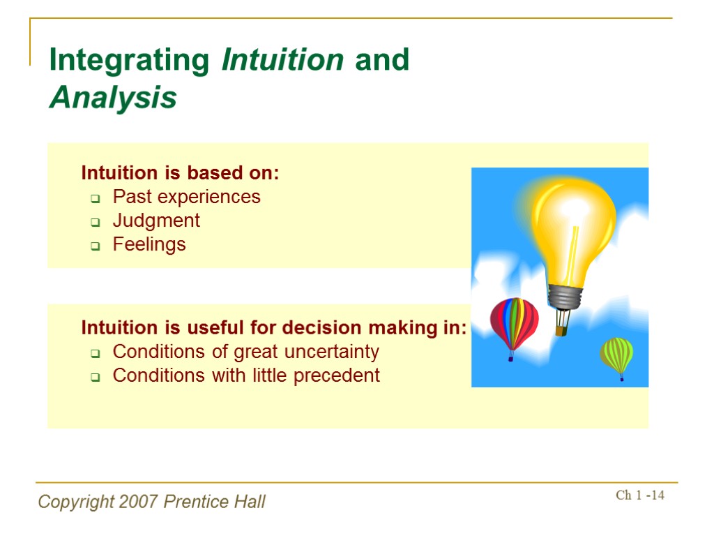 Copyright 2007 Prentice Hall Ch 1 -14 Intuition is based on: Past experiences Judgment
